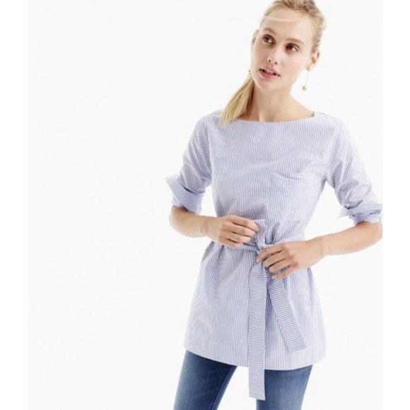 J. Crew Tops - J. Crew Tunic Blouse Size 8 Blue White Stripe Tie Waist Cotton Classic